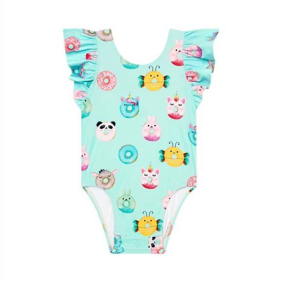 NEW POSH PEANUT girl's donut one piece ruffled cap sleeve swimsuit in blue - Picture 2 of 4